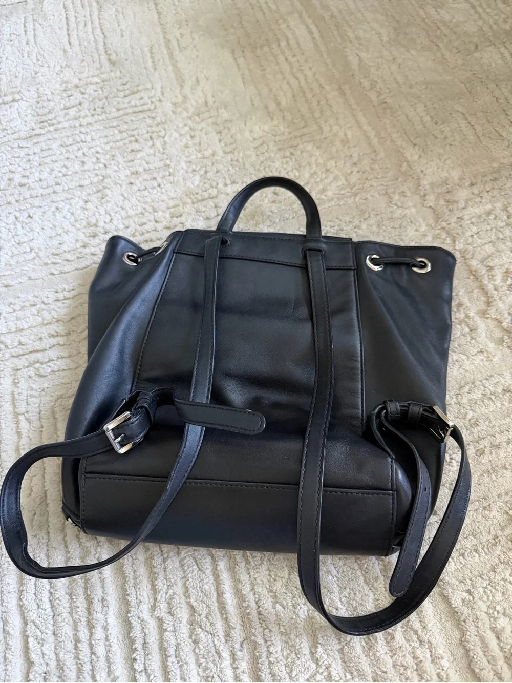 Michael Kors Black Leather Chain-Trim Drawstring Backpack